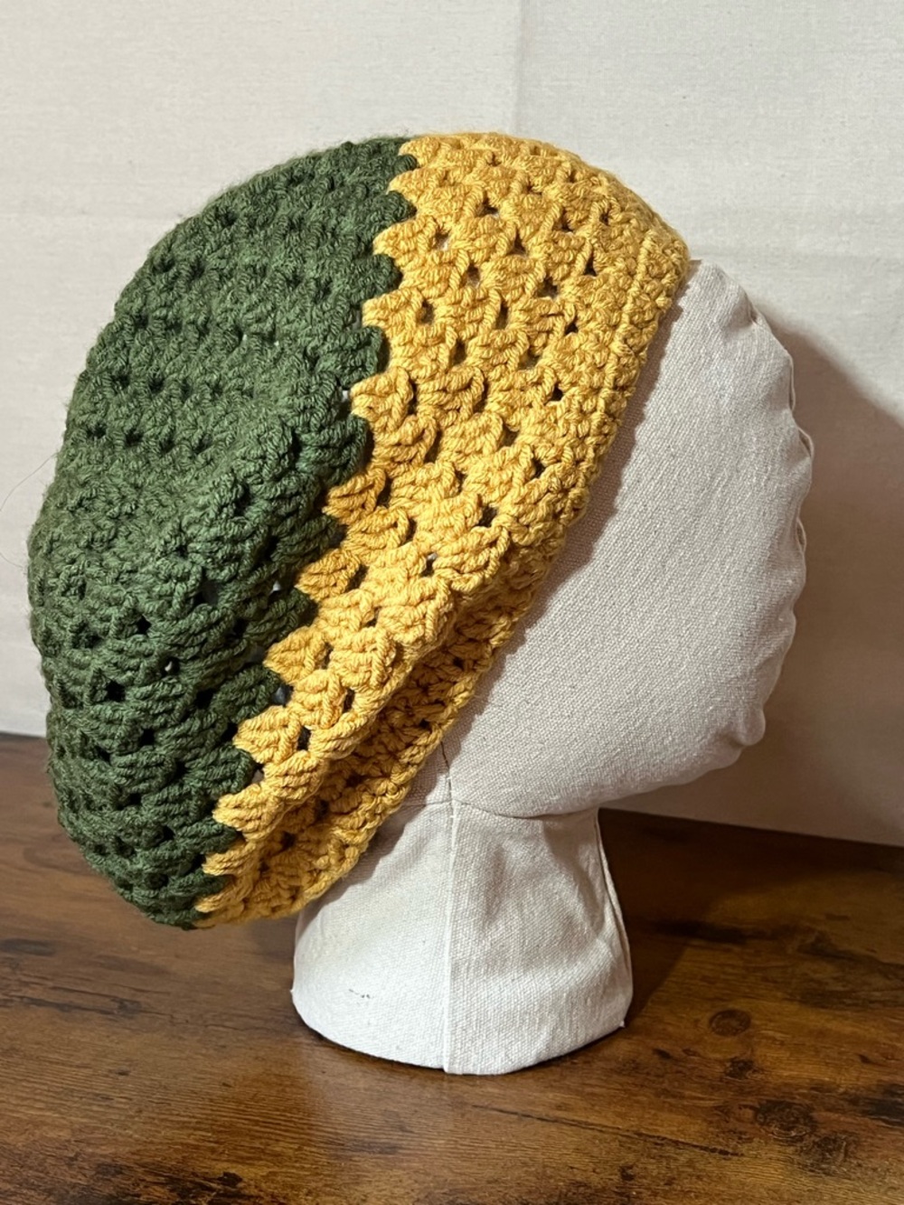 Handmade Crochet Rasta Tam Hat | Slouchy Beanie for Locs | Green & Yellow